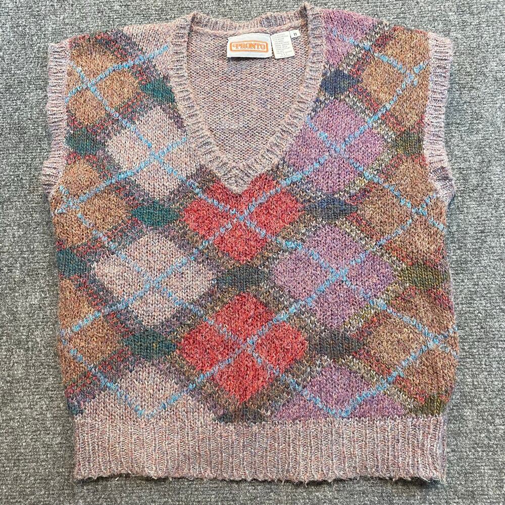 Vintage Pronto Purple Argyle Knit Sweater Vest V-Neck Wool Plaid Womens Medium
